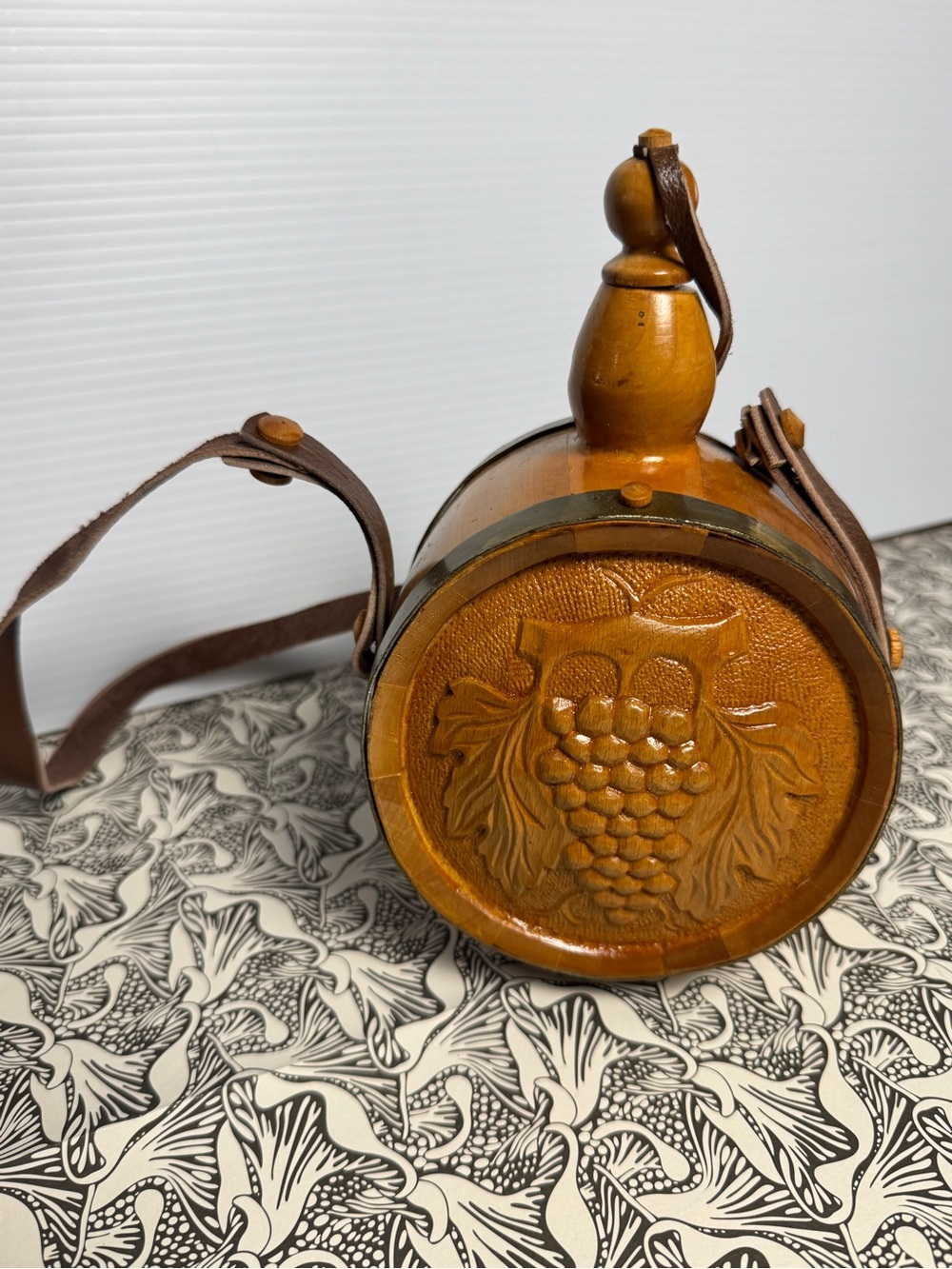 1970s Vintage Carved Wooden Wine Flask with Grape Motif - Sommelier